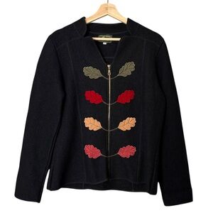 South Wool 100% Wool Black Full Zip Sweater Uruguay‎ Embroidery Velvet Leaves M